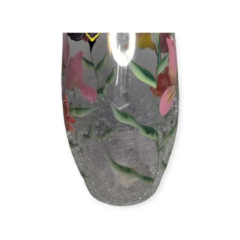 Vintage Fifth Avenue Crystal Hand Painted Floral Crackle Glass Drinking Pitcher